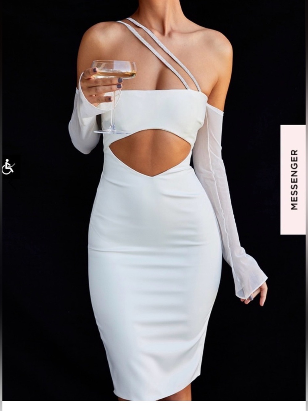 House of CB White Cutout Midi Dress with Sheer Sleeve and Straps